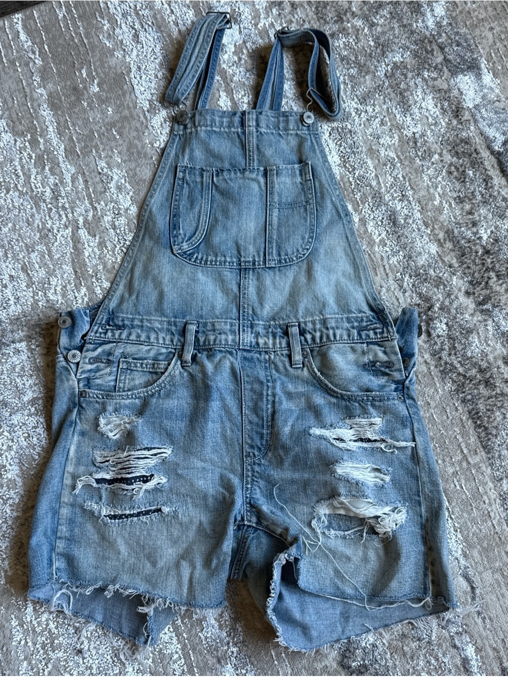 Distressed Light Blue Denim Short Overalls